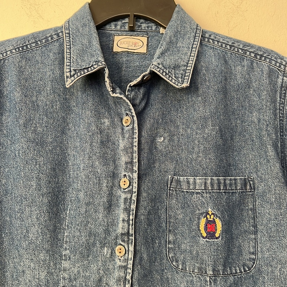 🌞 Bugle Boy For Her Vintage 90s short sleeve button up blue denim shirt M - Picture 2 of 16